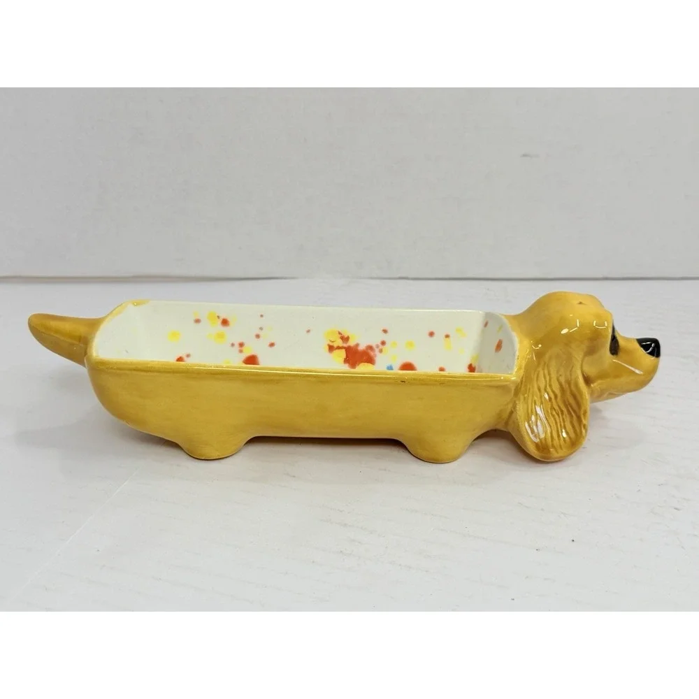 Ceramic Dachshund Dog Planter Trinket Dish Catchall Yellow 10